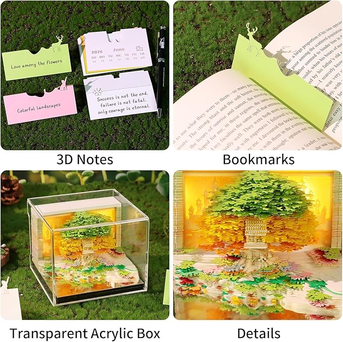 3D Calendar 2026, Flower Sea and Tree Island Time Piece Calendar 2026, Daily Tear-Off Memo Pad with LED Glow, Paper Carving Desktop Decoration, Unique Holiday & New Year Paper Craft Gift, Green