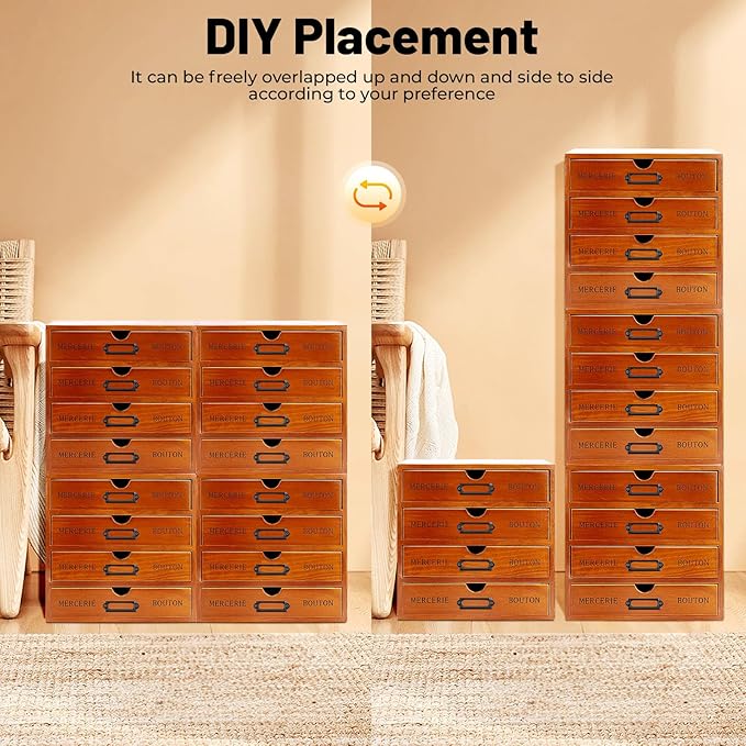 4-Pack Wooden Drawer Organizer Set – 16-Drawer Vintage Storage Box with Label Holders – for Desk, Office, Bedroom – Brown Pine Wood