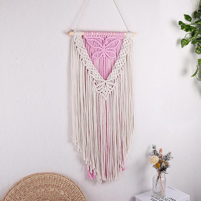 LB Macrame Wall Hanging, Pink Butterfly Tapestry Wall Hanging Decor Boho Art Wall Decor Bohemian Handmade Yarn Macrame Wall Art for Living Room Apartment Office Backdrop,13" W x 25.6" L