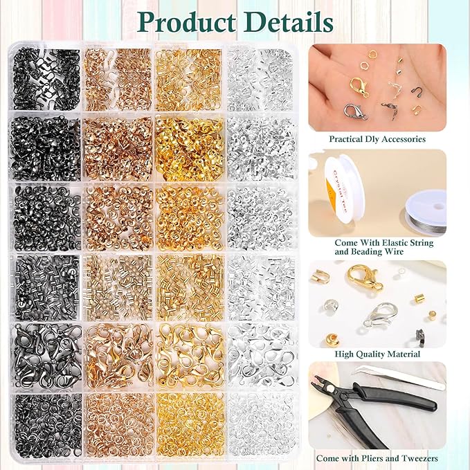 Acejoz 2160 Pieces Crimp Beads Kit for Jewelry Making, Knot Covers, Crimp Bead Covers, Crimp Tubes, Jump Rings and Wire Guardians with Crimping Pliers, Elastic String for Bracelets Necklaces Making
