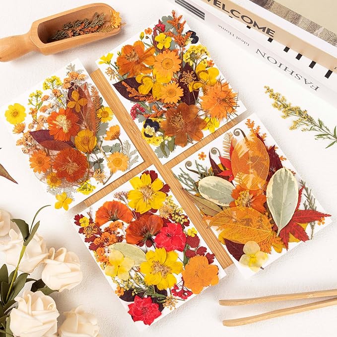 140 Pcs Fall Dried Pressed Flowers with Tweezer, Fall Themed Real Dried Flowers Leaves for DIY Crafts Resin Molds, Yellow Orange Dried Flowers for Autumn Halloween Thanksgiving Decorations