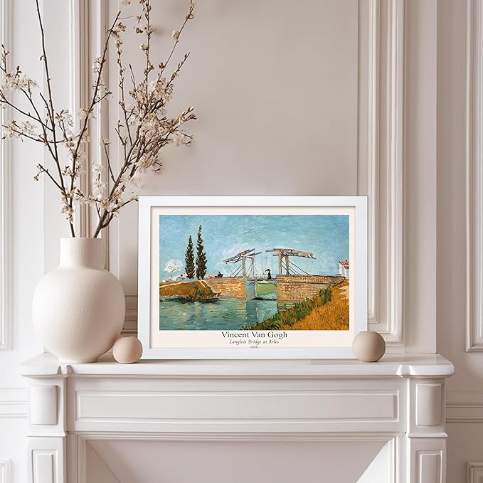 Monem Art Vintage Van Gogh Poster - Retro Langlois Bridge at Arles Print - Impressionism Art - Landscape Art - Fine Art - Classic Painting Art - Bedroom or Office Decor - 8x10 White Framed