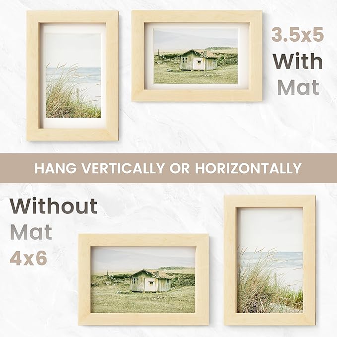 4x6 Picture Frame, USA-Sourced Natural Maple Wood Photo Collage Frame with HD Tempered Glass, Modern Simple 4 x 6 Wooden Frame Matted to 3.5x5, Gallery Wall Frames for Art, Wall or Tabletop Display