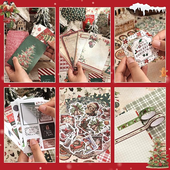 Christmas Scrapbooking Supplies Kit, Aesthetic New Year Festival Scrapbook Kits for Bullet Junk Journal, Stationery, Notebook, DIY Cute Journaling Supplies, Craft Christma Gift for Teen Girl Kid Women
