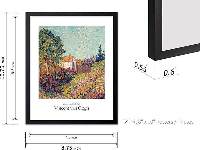 Monem Art Vintage Van Gogh Poster - Retro Impressionist Print - Flower Garden, Cottage, Sky, Colorful, Landscape - Gift for Artist, Friend - Wall Decor for Home, Office, 8x10 Black Framed