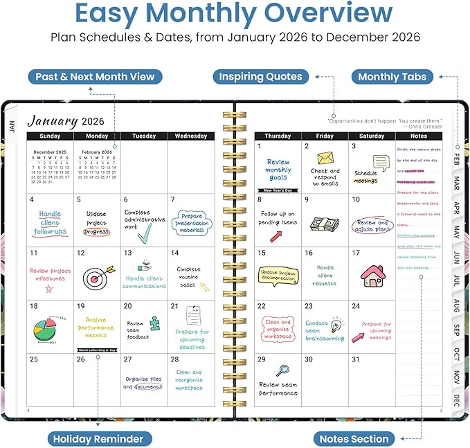 2026 Planner, Weekly and Monthly Planner for Women, January 2026 to December 2026, Pretty Hardcover 2026 Calendar Planner Book with Tabs, Inner Pocket, Spiral Bound, Perfect Office Home School Supplies - 6.3" x 8.5", Celestial
