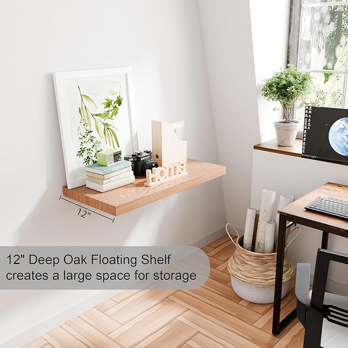 24 Inch Solid Oak Floating Shelves - Natural Wood 12 Inch Deep Wall Shelf, Rustic Display Shelf, Hanging Wall Shelf Decoration for Bedroom, Bathroom, Living Room