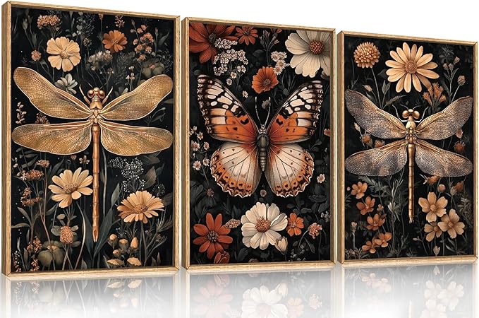 Aryroi Large Vintage Butterfly and Dragonfly Wall Decor Framed Canvas Wall Art,Retro Dark Animal Floral Wall Decor, Moody Insect Wildflowers Botanical Artwork for Living Room,Bedroom,office-24 x36 x3