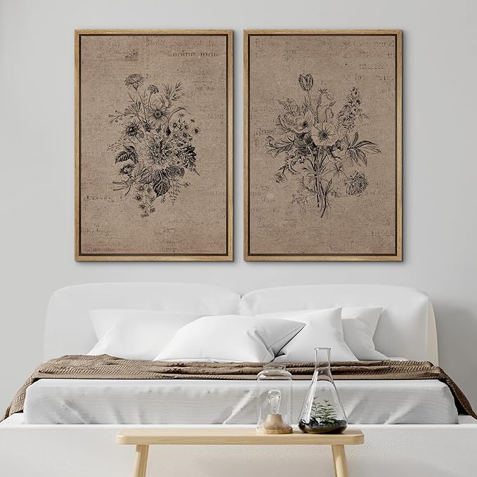 SIGNWIN Framed Canvas Print Wall Art Set Antique Floral Bouquets Vintage Engraved Flowers Modern Minimalism Decorative Nordic for Living Room, Bedroom, Office - 24"x36"x2 Natural