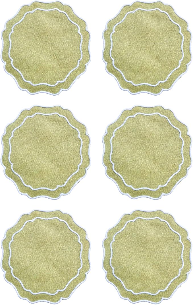 Drink Coasters Set of 6, 6x6 inch, Absorbent Linen Drink Mats with Scalloped Edge, Reusable Handmade Coffee Coasters for Home Decor & Tabletop Protection & Gift Giving (Oliver)
