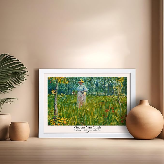 Monem Art Vintage Van Gogh Poster - Retro A Woman Walking In A Garden Print - Impressionism Art - Fine Art - Classic Painting Art - Floral Art - Bedroom or Office Decor - 16x20 White Framed