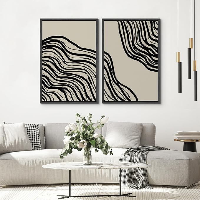 SIGNWIN Framed Canvas Print Wall Art Set Dark Geometric Spiral Wave Collage Abstract Shapes Cozy Neutral Modern Art Minimalism Decorative Nordic for Living Room, Bedroom, Office - 24"x36"x2 Black