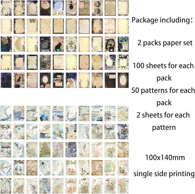 Huralona 200 Sheets Vintage Scrapbooking Paper Pads Journaling Paper Supplies Decorative Origami Scrapbook Paper Pack Patterned Cardstock for Travel