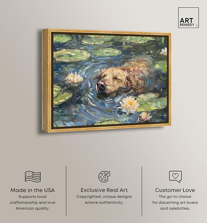 Art Remedy Monet Water Lilies Dog Rustic Chic Farmhouse Canvas Wall Art, Gold Floater Frame, 24"x20"