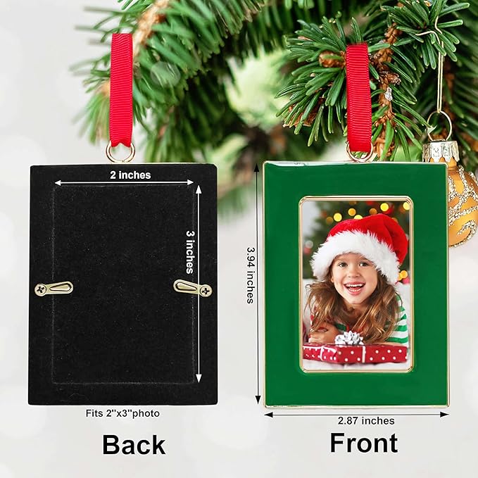 Christmas Picture Frame Ornaments - Set of 4 Green 2x3 Inch Mini Frames with Red Ribbon, Metal Photo Frames for Christmas Tree Decorations, Holiday Gift for Family & Friends