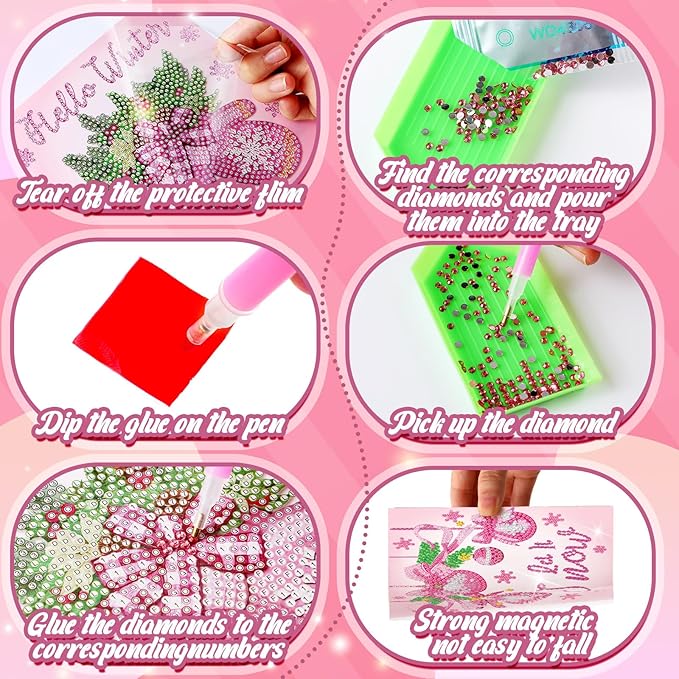 Saillong 12 Pack Pink Christmas Diamond Painting Greeting Card Kits Winter Diamond Art Cards with Envelopes Snowman 5D Rhinestones Painting Making Kits for Adults DIY Craft Family Friend Holiday Gifts