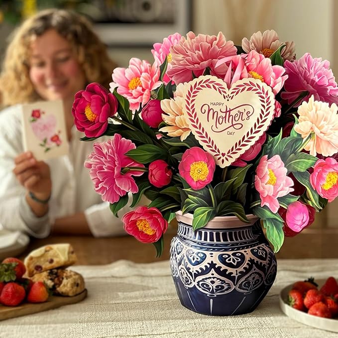 Freshcut Paper Pop Up Cards, Mother's Day Card, Grande Peony Paradise, Happy Mother's Day, 18 Inch Life Sized Forever Flower Bouquet 3D Popup Greeting Card, Gifts for Mom, Blank Notecard & Envelope