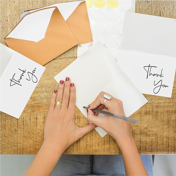 VNS Creations Thank You Cards With Envelopes Bulk Set & Stickers - 100 Pack 4x6 Blank Thank You Notes Bulk Box Set - Large Note Card Small Business, Wedding, Baby Shower & Bridal Shower - White