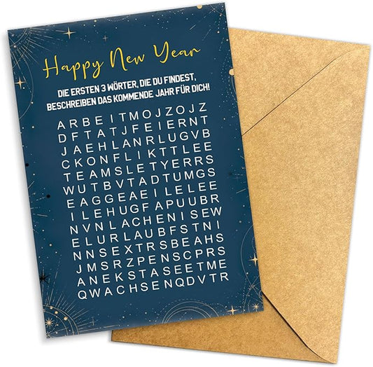 (5.3x8in) Happy New Year Word Search Card in German, Interactive Puzzle Greeting for Friends, Family, Coworkers, Fun Game Style Holiday Card, Unique New Year Activity Gift with Envelope (Xmas 40)