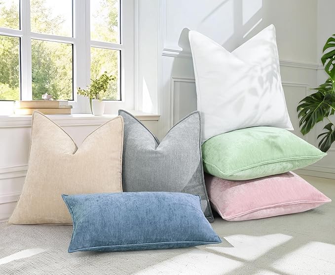 decorUhome Spring Couch Throw Pillow Covers 12x20 Set of 2, Decorative Soft Velvet Neutral Chenille Lumbar Pillow Covers with Elegant Design for Sofa Bed Living Room Home Decor, Blue Grey