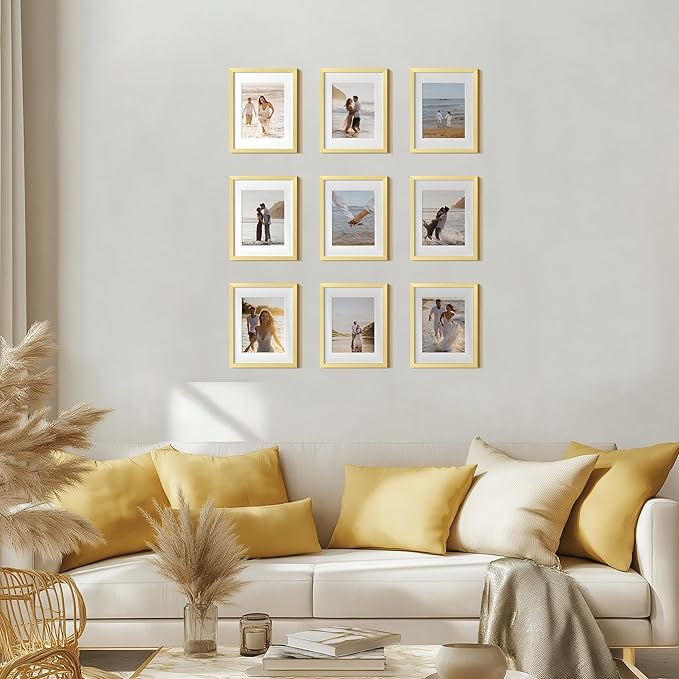 eletecpro 8x10 Picture Frames Set of 9 Classic Gallery Wall Frame Set, Displays 5x7 with Mat or 8x10 No Mat, Picture Frames Collage Wall Decor, Gold Frames for Home Decor
