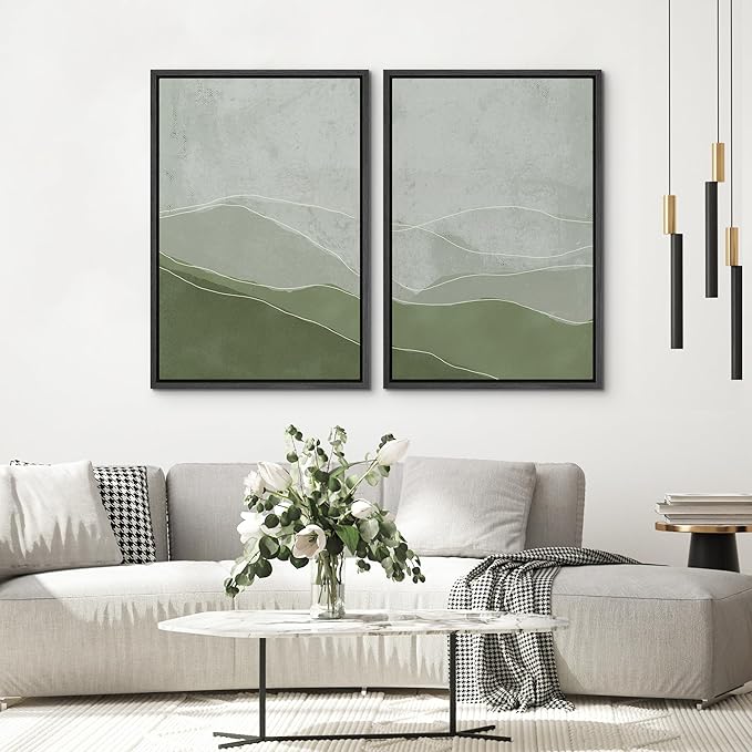 SIGNWIN Framed Wall Art Print Set Faded Green & Gray Wave Landscape Abstract Shapes Illustrations Modern Art Bohemian Relax/Calm Multicolor for Living Room, Bedroom, Office - 16"x24"x2 Black