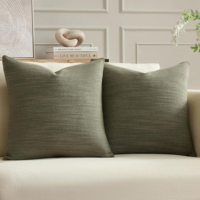 Meekio Set of 2 Linen Look Olive Green Pillow Covers 20x20, Decorative Throw Pillow Covers for Couch, Sofa, Bed & Living Room Decor