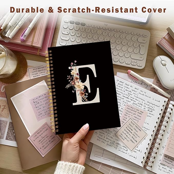 Lacama Black Initial Letter E School Notebook Journal, Cute Wildflower Personalized Spiral Notebook, School Supplies, Customized Monogrammed Gifts, Birthday Gifts for Women, Office Supplies