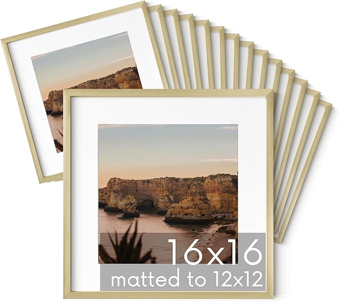 HAUS AND HUES 16x16 Gold Metal Picture Frames Matted to 12x12 - Features Premium Aluminum & Hanging Hardware, Shatterproof Plexiglass - Ideal for Home, Room, Office (16x16 in, Gold, Set of 15)