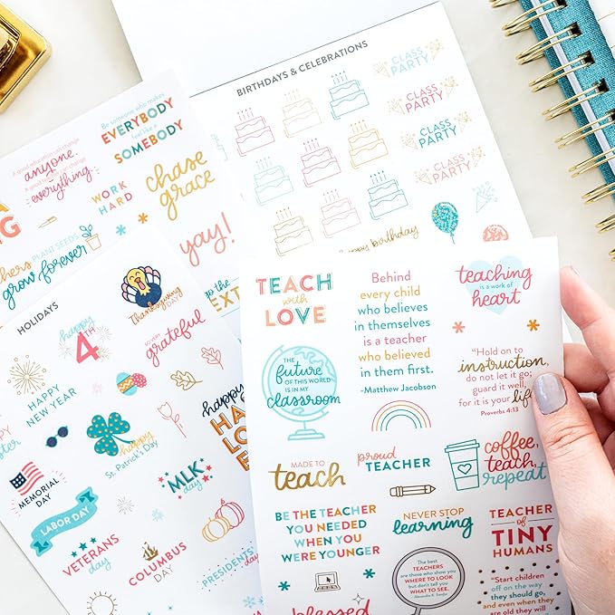 PPP Teacher Sticker Book | Pack of 15 | 503 Colorful Stickers | Assorted Sizes | 5x7 Sheets of Stickers | Gold Foil Stamping | Personalize Your Planner with Flags, Tabs, & Blocks for Educator Events