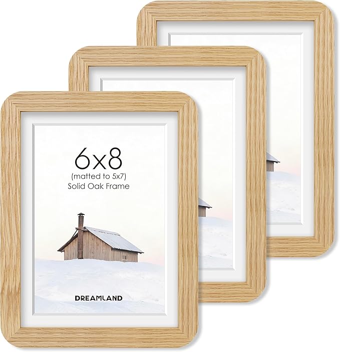 Dreamland 6x8 Picture Frame Set of 3, Solid Oak Wood Photo Frame with Mat for 5x7, Round Corner 6 x 8 Matted Picture Frames with Resistant Plexiglass for Wall Mounting or Tabletop, Oak Color