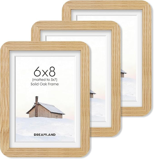 Dreamland 6x8 Picture Frame Set of 3, Solid Oak Wood Photo Frame with Mat for 5x7, Round Corner 6 x 8 Matted Picture Frames with Resistant Plexiglass for Wall Mounting or Tabletop, Oak Color
