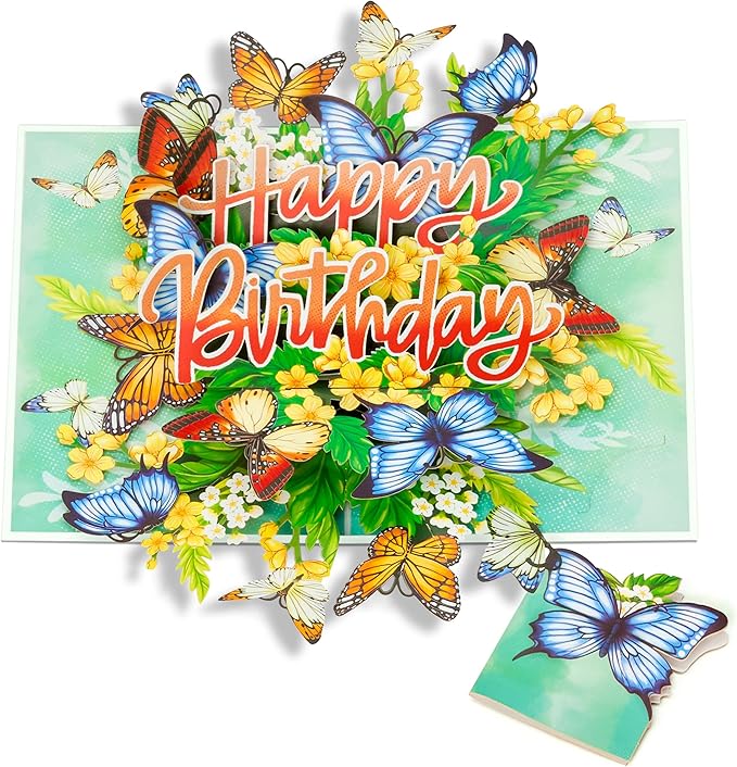 Floral Butterflies Pop Up Card, Happy Birthday, Flowers, 3D Greeting Cards, Gifts for Mom, Mother in Law, Wife, Girlfriend, Sister, 5x7 - Includes Envelope And Message Note