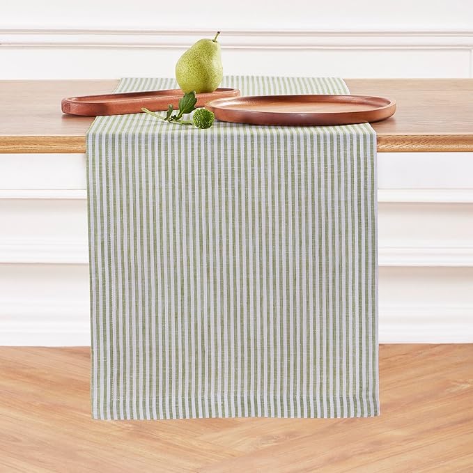 Solino Home Linen Stripe Table Runner 60 Inches - Narrow Stripe, 100% Pure Linen Avocado and White Table Runner 14 x 60 Inch for Dresser and Coffee Tables - Spring, St Patricks Day, Easter, Winter