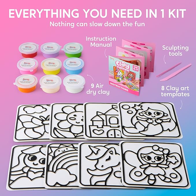 Klever Kits Air Dry Clay Painting, Air Clay Kit for Kids, 8 Pre-grooved Filling and Original Designed Boards, Easy Play and Non Toxic Material, Arts and Crafts for Kids Age 4-9 by JOVA