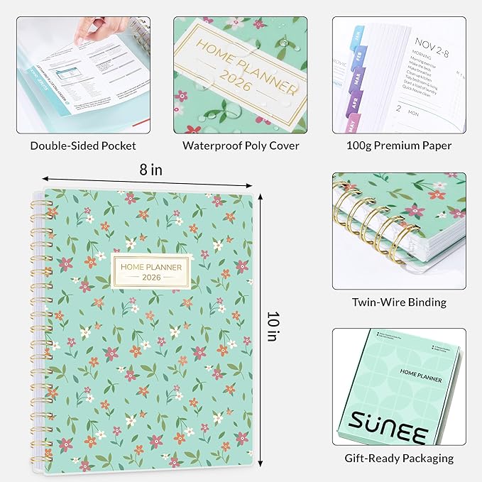 SUNEE Home Planner 2026, Work from Home Planner w/Stickers, JAN 2026 - DEC 2026, Monthly Budget Planner, Checklists for Routines and Goals, Weekly Calendar, Ideal for Gift, Poly Laminated Cover,Floral