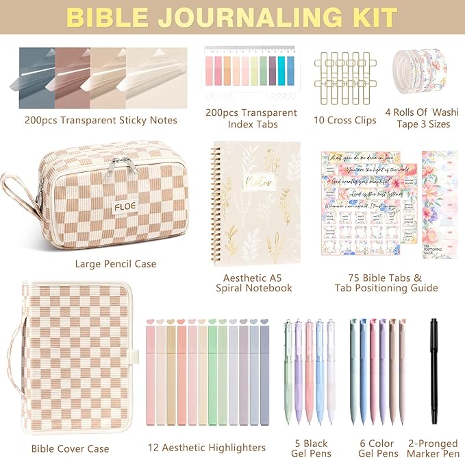 Bible Study Supplies Journaling Kit for Women with Bible Cover Case, Christmas Christian Gifts for Women, Bible Study Tools Accessories Set with Highlighters Pens, Pencil Case Notebook Annotation Kit
