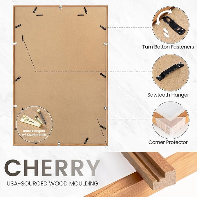 20x30 Poster Frame, USA-Sourced Natural Cherry Wood Picture Collage Frame with HD Tempered Glass, Modern Simple 20 x 30 Wooden Photo Frame Matted to 16x24, Vertical & Horizontal Wall Hanging Display