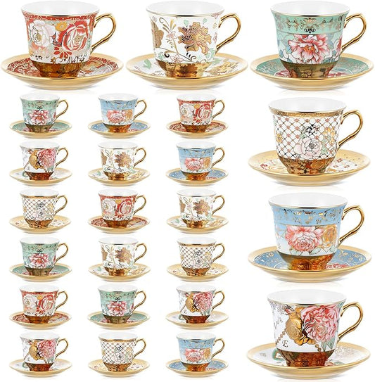 Set of 24 Tea Cups and Saucers Tea Party Decorations Floral Porcelain 5.4 oz British Gift for Women Birthday Party, Church, and Mother's Day (Stylish Style)