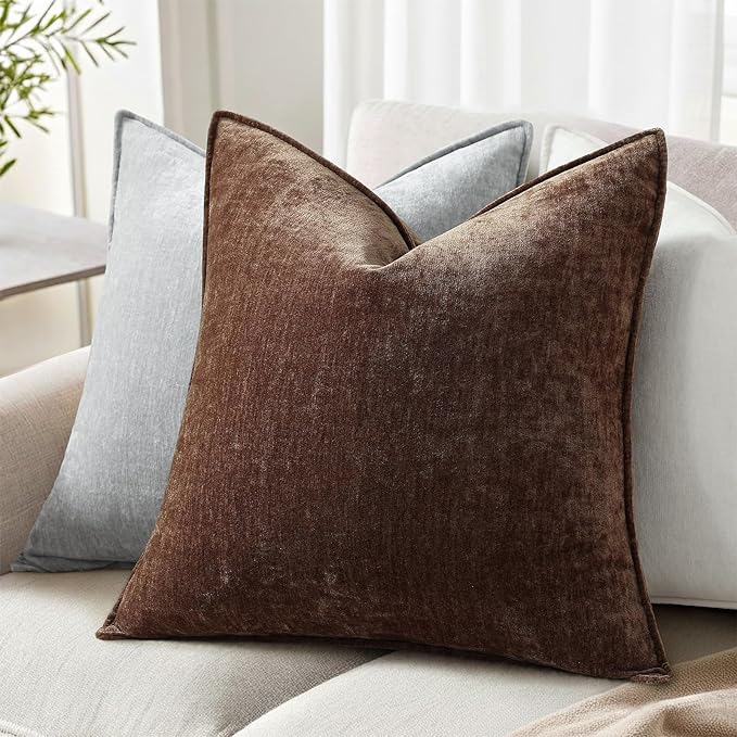 decorUhome Spring Couch Euro Sham Throw Pillow Covers 22x22 Set of 2, Decorative Soft Velvet Neutral Chenille Pillow Covers with Elegant Design for Sofa Bed Living Room Home Decor, Dark Brown