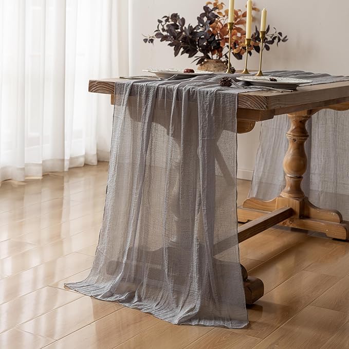 Keketoarrange Grey Gauze Rustic Cheesecloth Table Runner 120 Inch 10 FT for Wedding Baby Shower Bridal Shower Birthday Engagement Garden Outdoor Party Long Sheer Boho Decorations