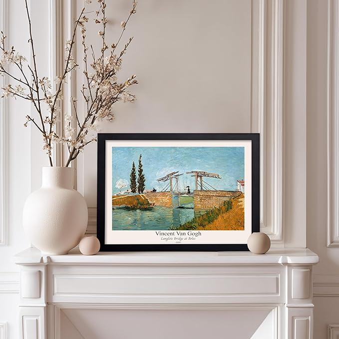 Monem Art Vintage Van Gogh Poster - Retro Langlois Bridge at Arles Print - Impressionism Art - Landscape Art - Fine Art - Classic Painting Art - Bedroom or Office Decor - 8x10 Black Framed