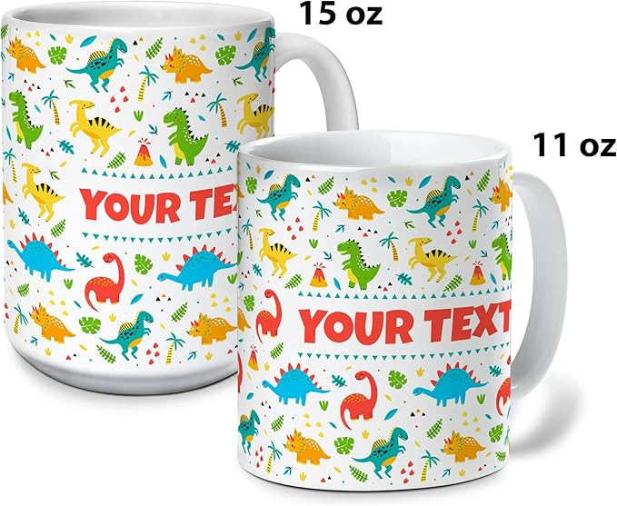 Personalized Mug for Kids - Dinosaurs - Custom Name/Text, Ceramic Hot Chocolate/Cocoa/Coffee Cup for Boys/Girls, Birthday/Christmas/Holiday Gift - 15 oz, Navy Blue Handle
