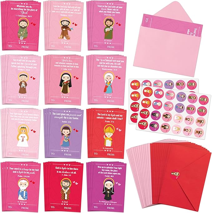 TICIAGA 144pcs Valentine's Day Catholic Church Greeting Card with Envelop for Kids, Religious Character Sticker Bible Notecard Exchange Gift for Boy Girl Sunday School Christian Classroom Party Favor
