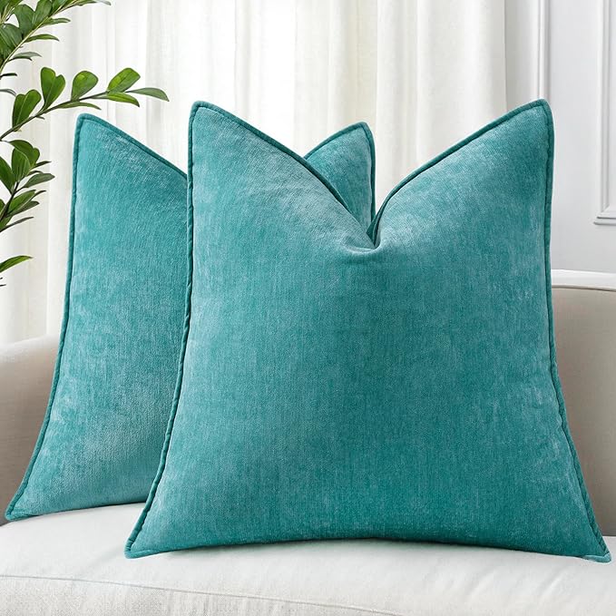 decorUhome Spring Couch Euro Sham Throw Pillow Covers 24x24 Set of 2, Decorative Soft Velvet Neutral Chenille Pillow Covers with Elegant Design for Sofa Bed Living Room Home Decor, Teal