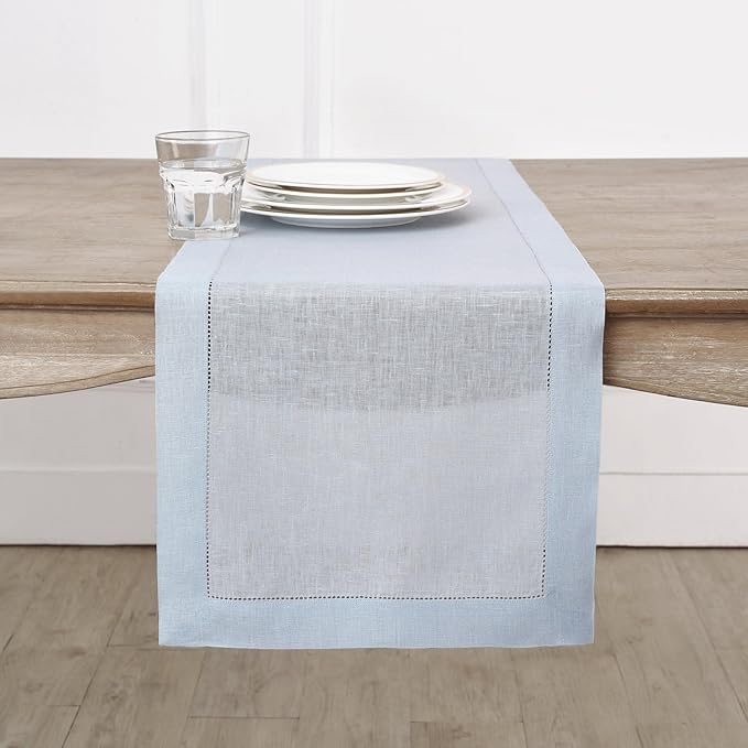 Solino Home Linen Light Blue Table Runner 108 Inches Long - 100% Pure Linen 14 x 108 Inch Table Runner for Winter, Spring, Easter - Classic Hemstitch