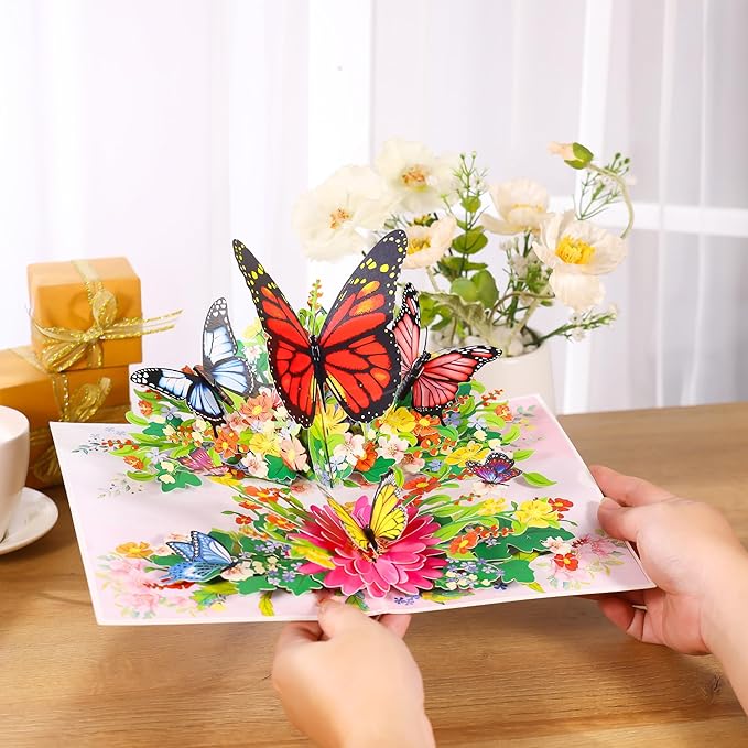 Butterflies Pop Up Birthday Card For Women&Wife, Beautiful Flowers, Ideal Gift for Birthday, Mothers Day, Thank You, Anniversary, Valentines, All Occasion for Women, Wife, Mom, Sister, Grandma, Her