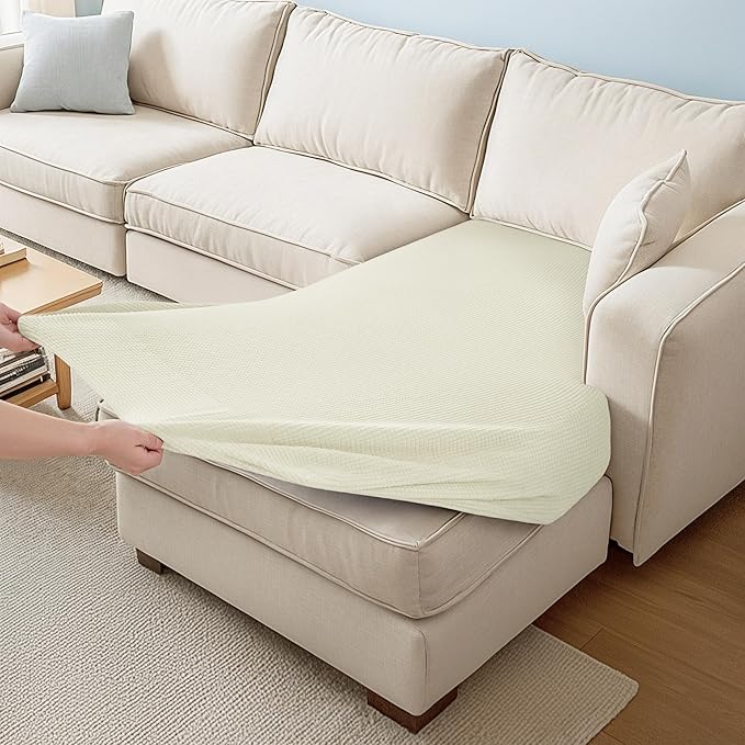 CHUN YI Stretch Sectional Couch Covers 1 Piece Chaise Lounge Slipcover L Shape Separate Cushion, Chaise Couch Cover for Both Left/Right Sectional Couch (Chaise Cover, Ivory White)