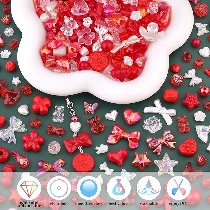 200-260PCS TINKRSTUFF Assorted Acrylic Beads Red Cute Beadsfor Bracelet Making, Bow Flower Butterfly GummyBear Kawaii Charms, Aesthetic Bead for Necklace Keychain Jewelry Making DIY Phone Charm