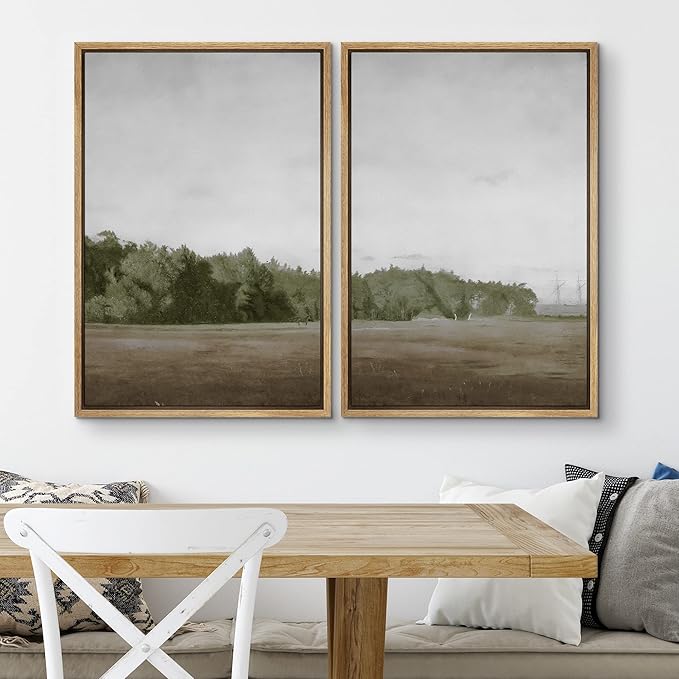 SIGNWIN Framed Canvas Print Wall Art Set Green Mountain Hill Forest Landscape Nature Wilderness Illustrations Fine Art Farmhouse/Country Minimal for Living Room, Bedroom, Office - 24"x36"x2 Natural